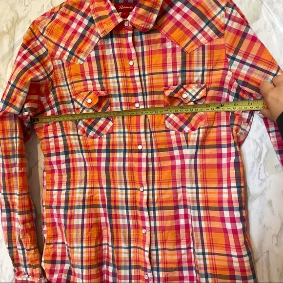 Panhandle large plaid checks orange front pocket Pearl snap button 100% cotton - Picture 7 of 8